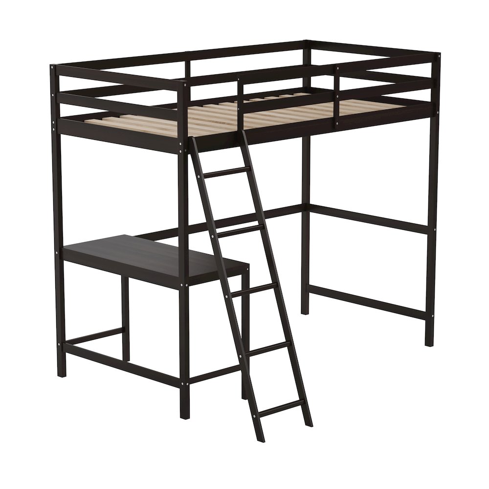 Loft Bed Frame with Desk, Twin Size with Protective Guard Rails - Espresso. Picture 1