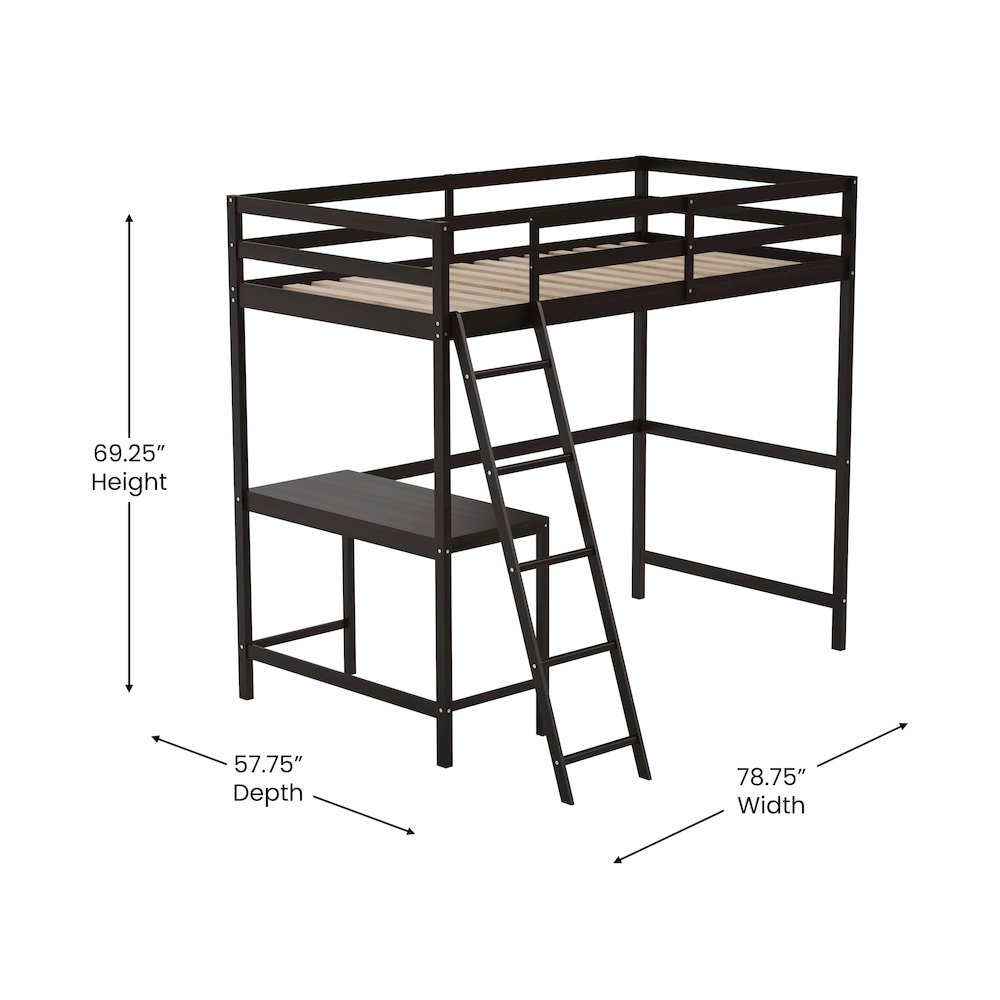 Loft Bed Frame with Desk, Twin Size with Protective Guard Rails - Espresso. Picture 5