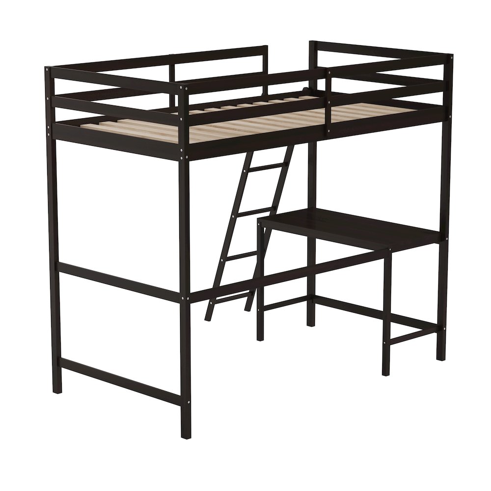Loft Bed Frame with Desk, Twin Size with Protective Guard Rails - Espresso. Picture 8