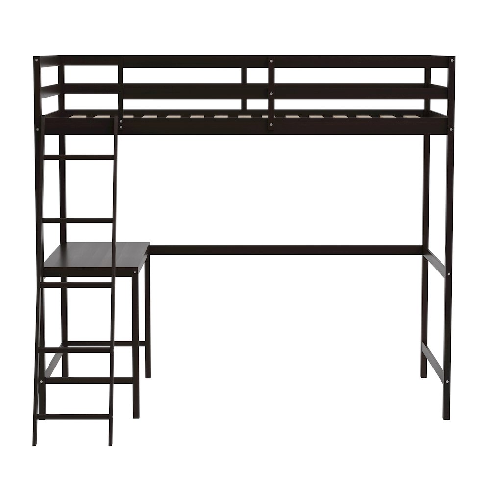 Loft Bed Frame with Desk, Twin Size with Protective Guard Rails - Espresso. Picture 11