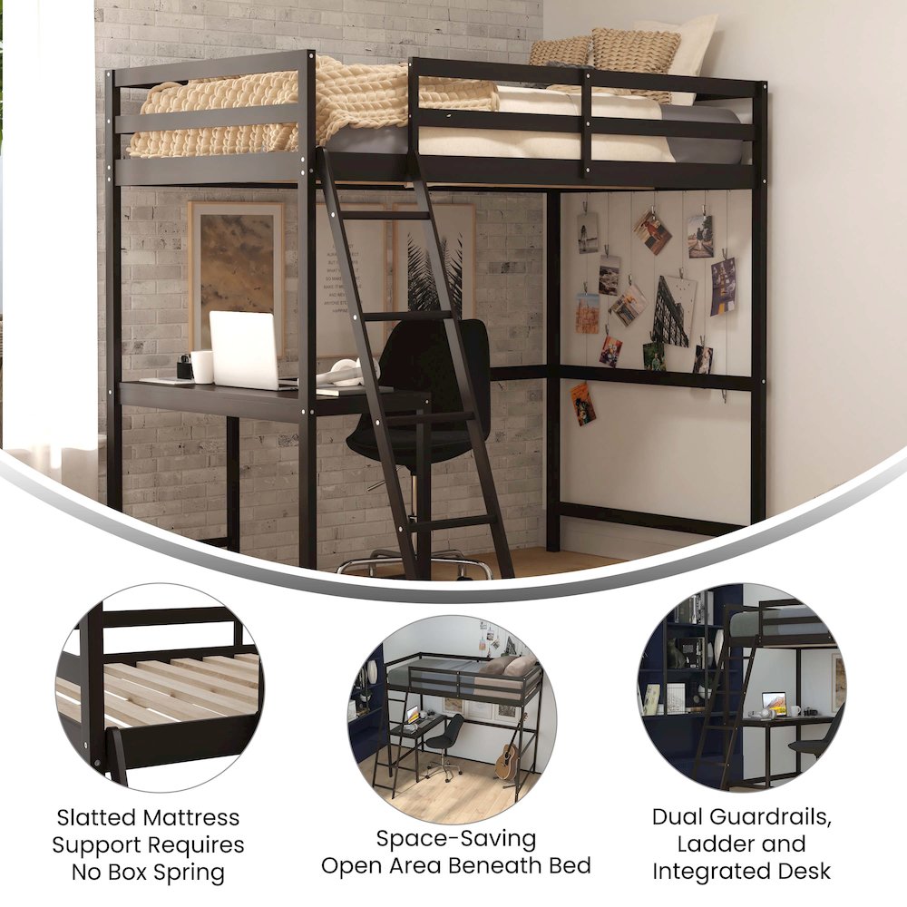 Loft Bed Frame with Desk, Twin Size with Protective Guard Rails - Espresso. Picture 4