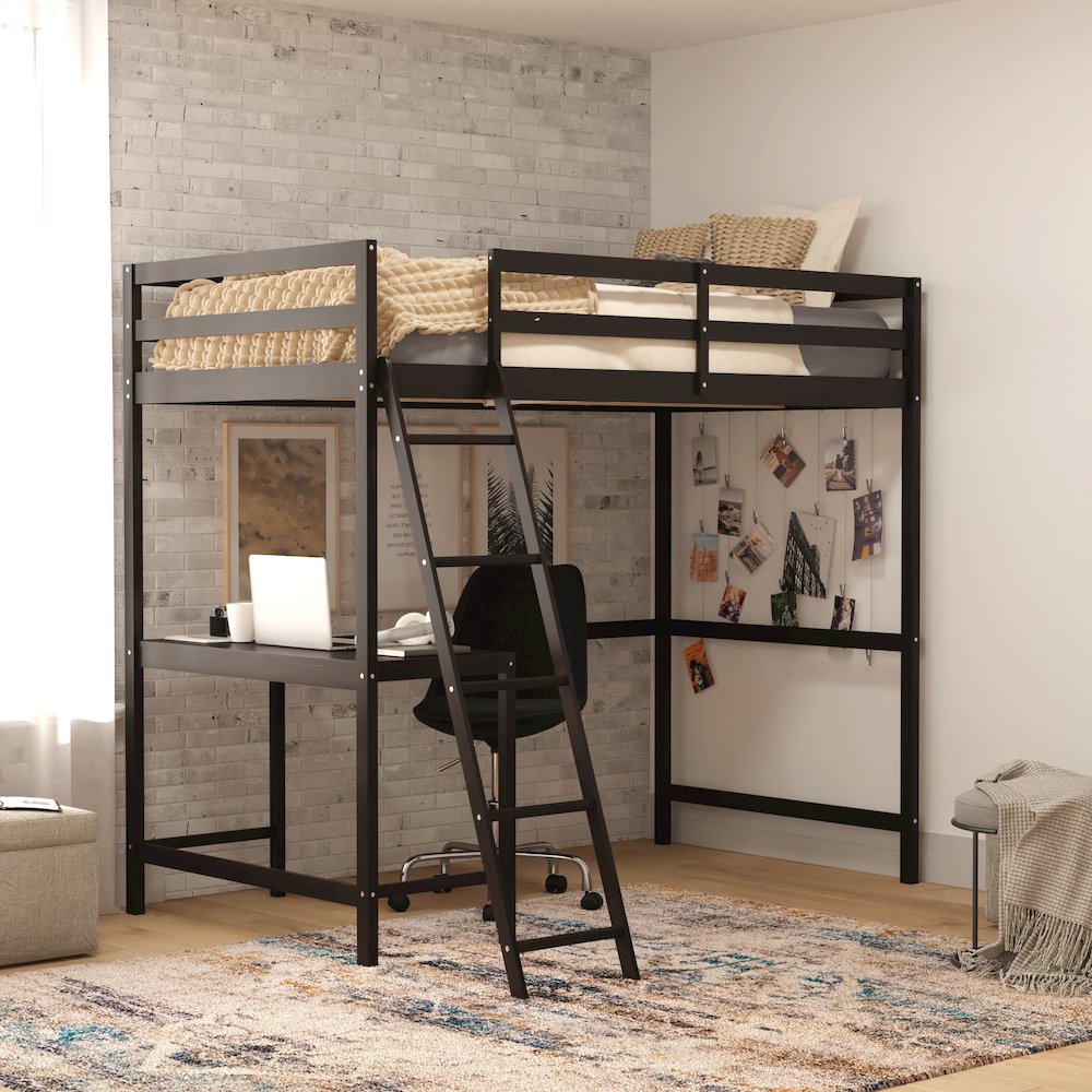 Loft Bed Frame with Desk, Twin Size with Protective Guard Rails - Espresso. Picture 2