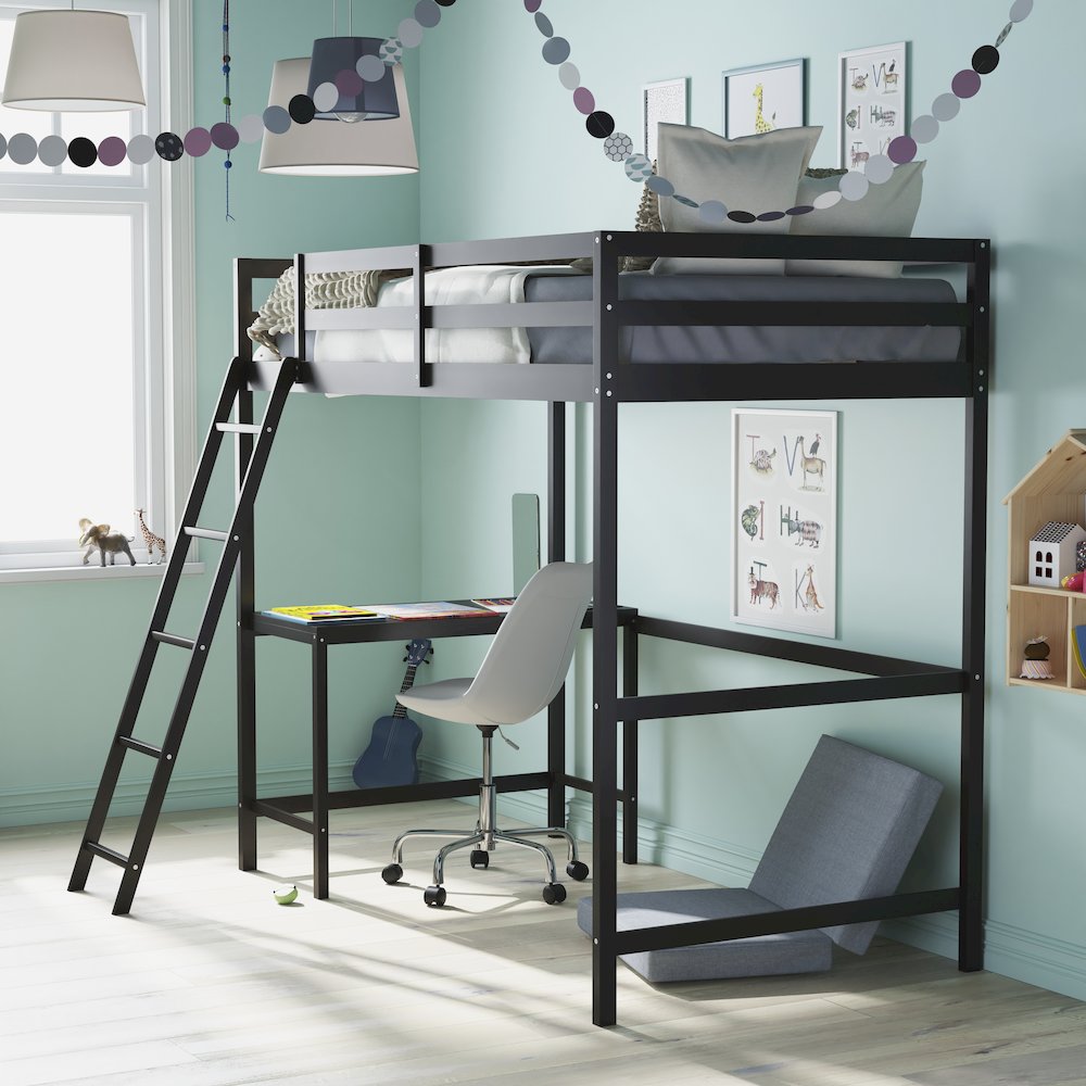 Loft Bed Frame with Desk, Twin Size with Protective Guard Rails - Espresso. Picture 6