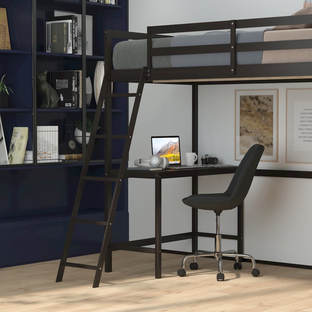Loft Bed Frame with Desk, Twin Size with Protective Guard Rails - Espresso. Picture 7