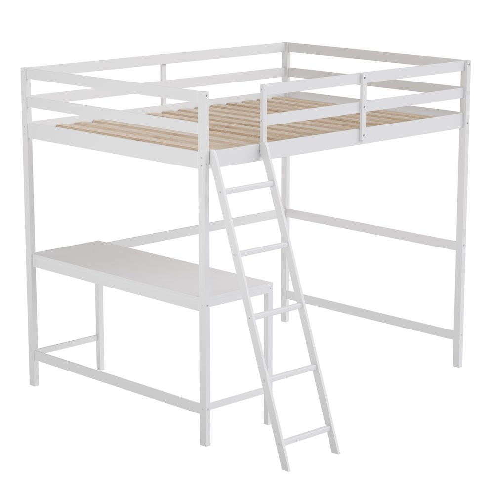 Loft Bed Frame with Desk, Full Size with Protective Guard Rails - White. Picture 1