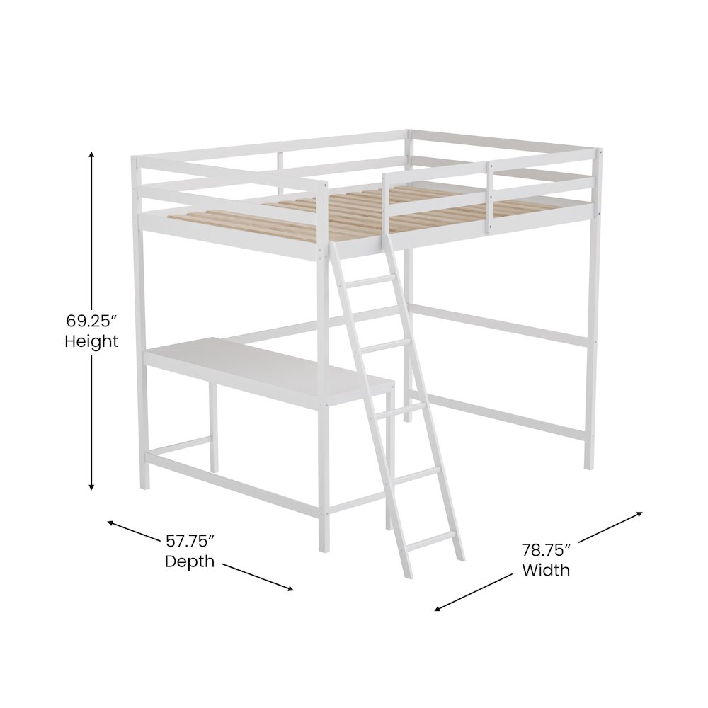 Loft Bed Frame with Desk, Full Size with Protective Guard Rails - White. Picture 5