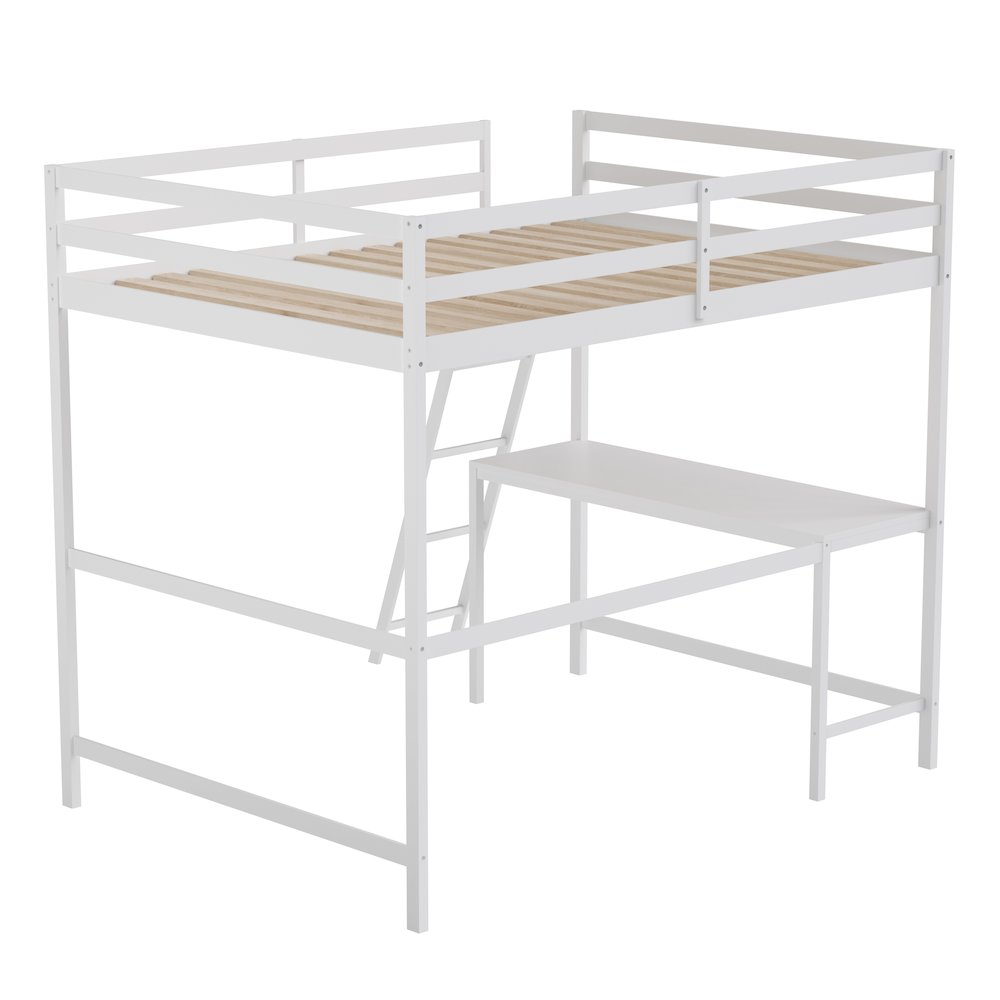 Loft Bed Frame with Desk, Full Size with Protective Guard Rails - White. Picture 8
