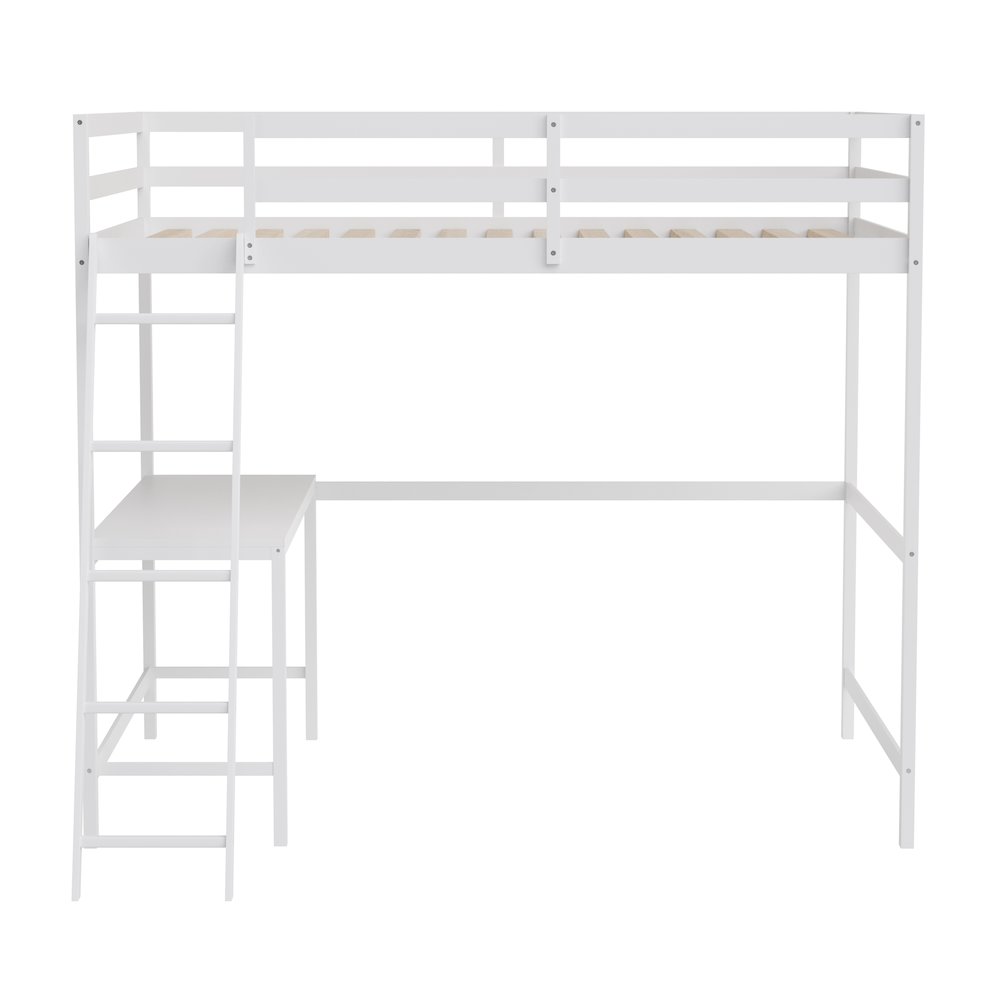 Loft Bed Frame with Desk, Full Size with Protective Guard Rails - White. Picture 11