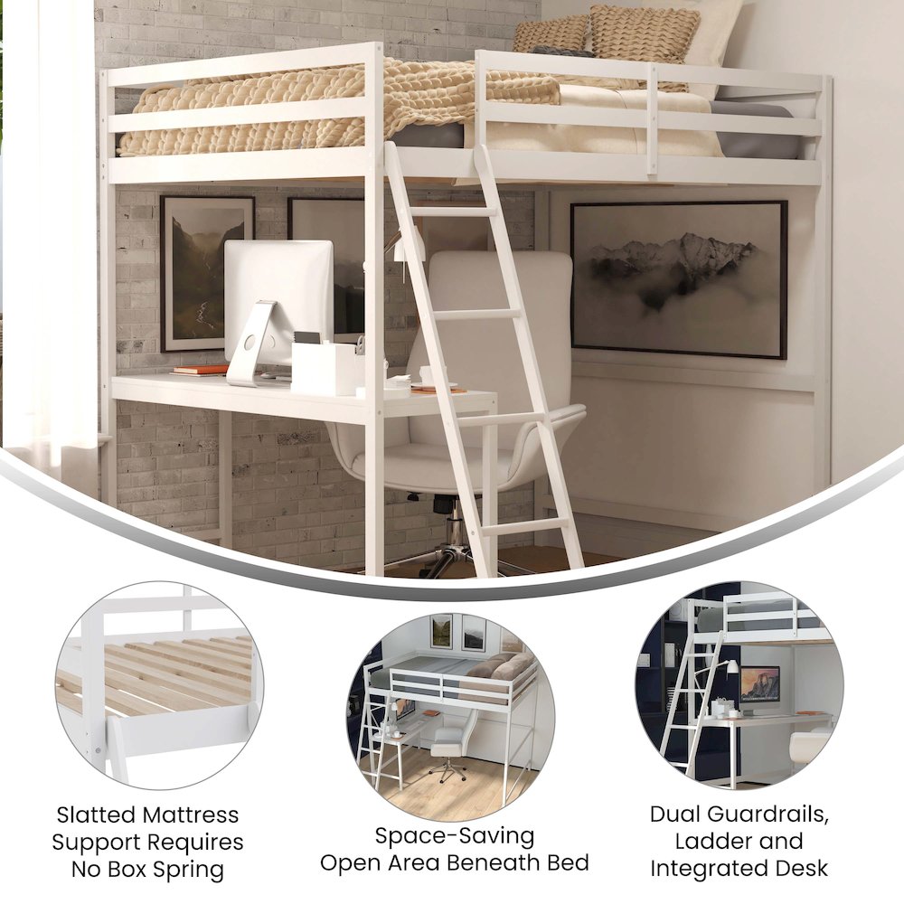 Loft Bed Frame with Desk, Full Size with Protective Guard Rails - White. Picture 4