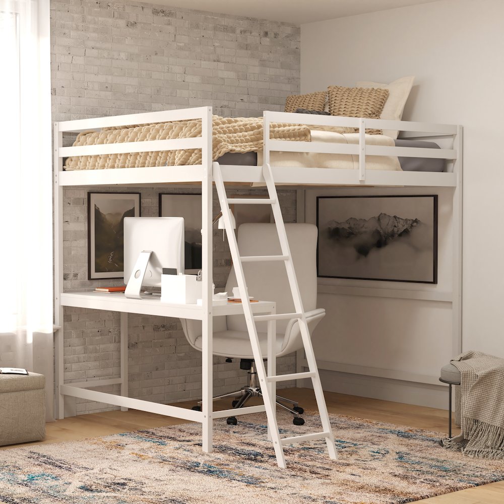 Loft Bed Frame with Desk, Full Size with Protective Guard Rails - White. Picture 2