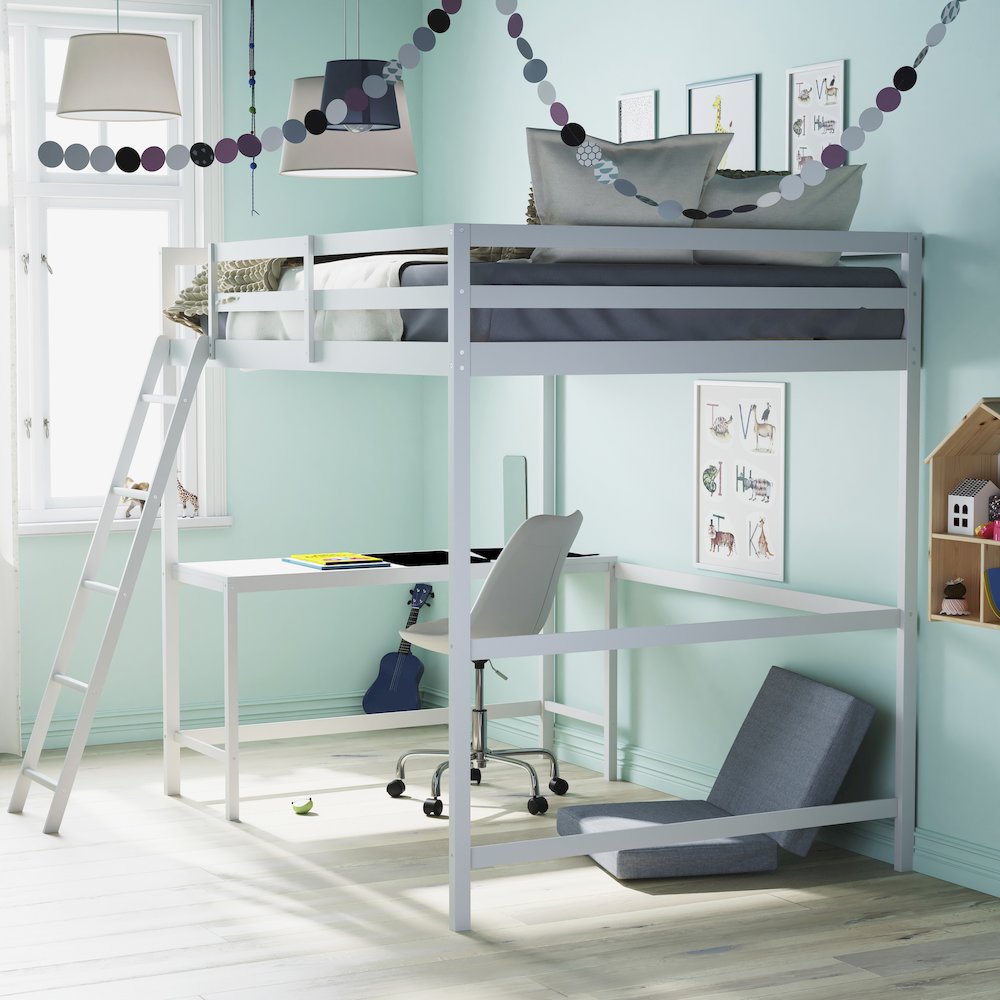 Loft Bed Frame with Desk, Full Size with Protective Guard Rails - White. Picture 6