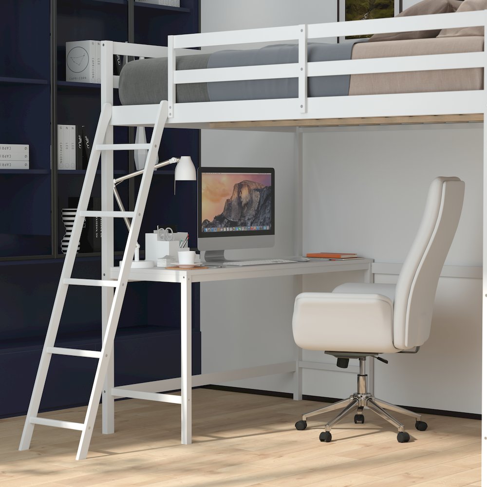 Loft Bed Frame with Desk, Full Size with Protective Guard Rails - White. Picture 7