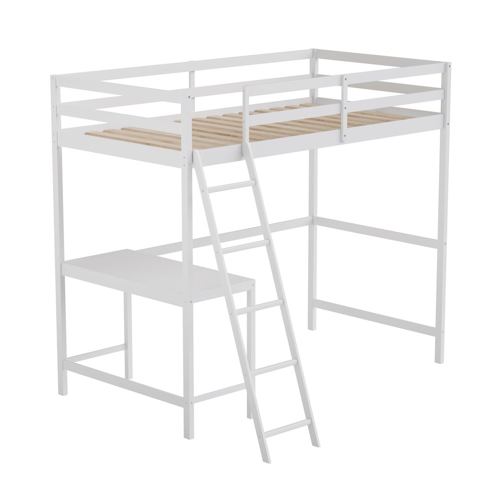 Loft Bed Frame with Desk, Twin Size with Protective Guard Rails - White. Picture 1