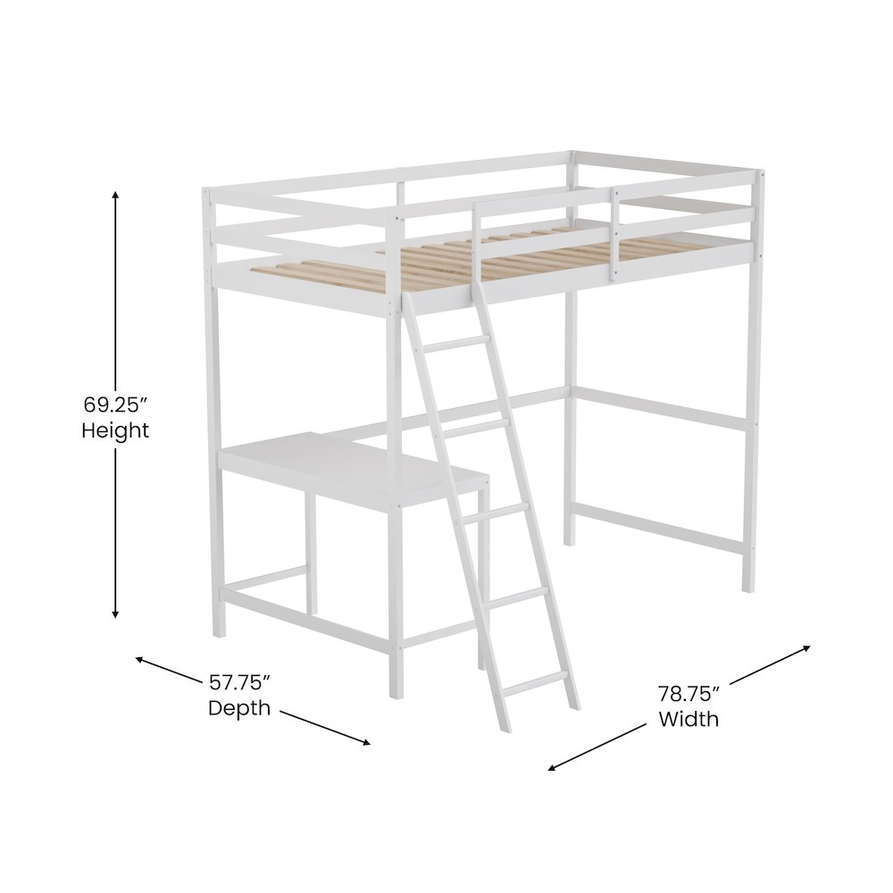 Loft Bed Frame with Desk, Twin Size with Protective Guard Rails - White. Picture 5