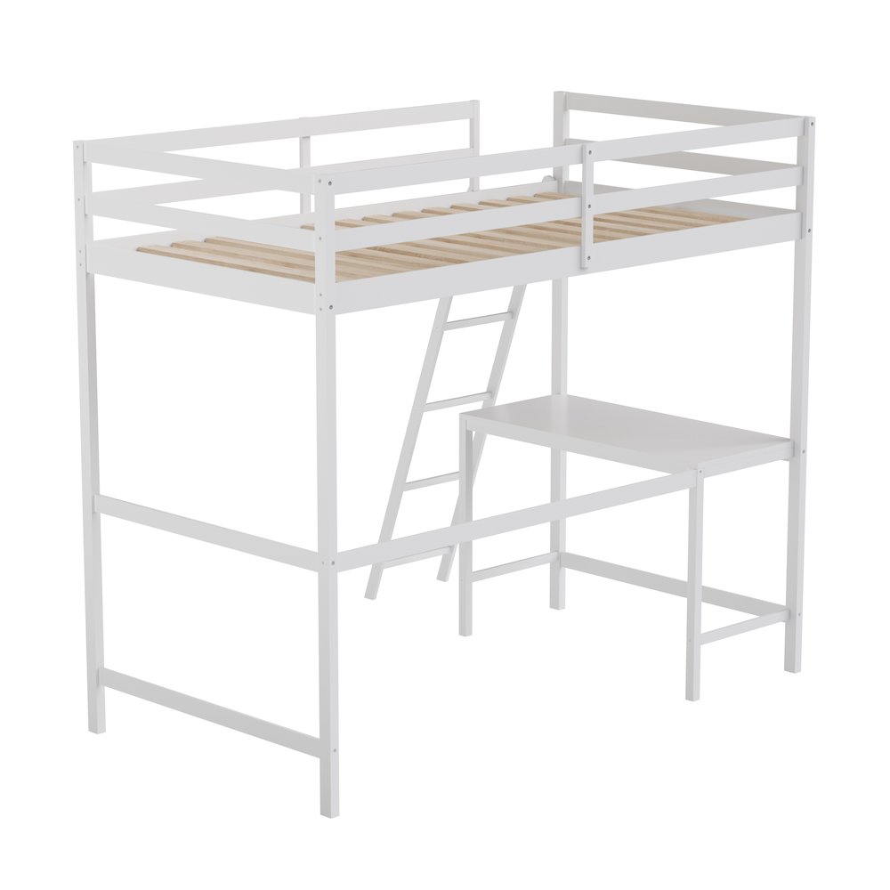 Loft Bed Frame with Desk, Twin Size with Protective Guard Rails - White. Picture 8