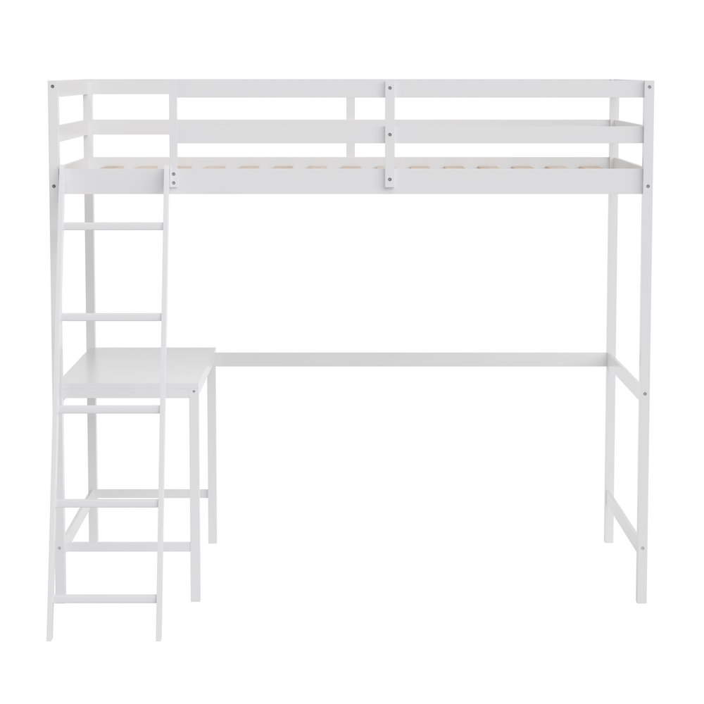 Loft Bed Frame with Desk, Twin Size with Protective Guard Rails - White. Picture 11