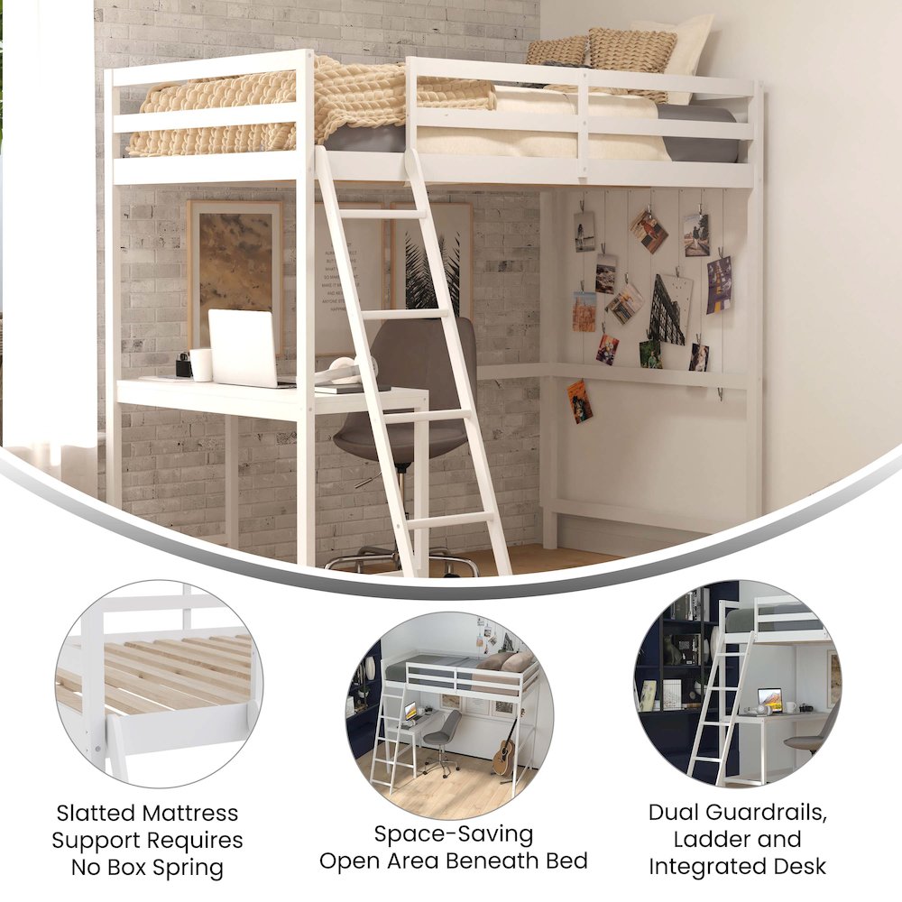 Loft Bed Frame with Desk, Twin Size with Protective Guard Rails - White. Picture 4