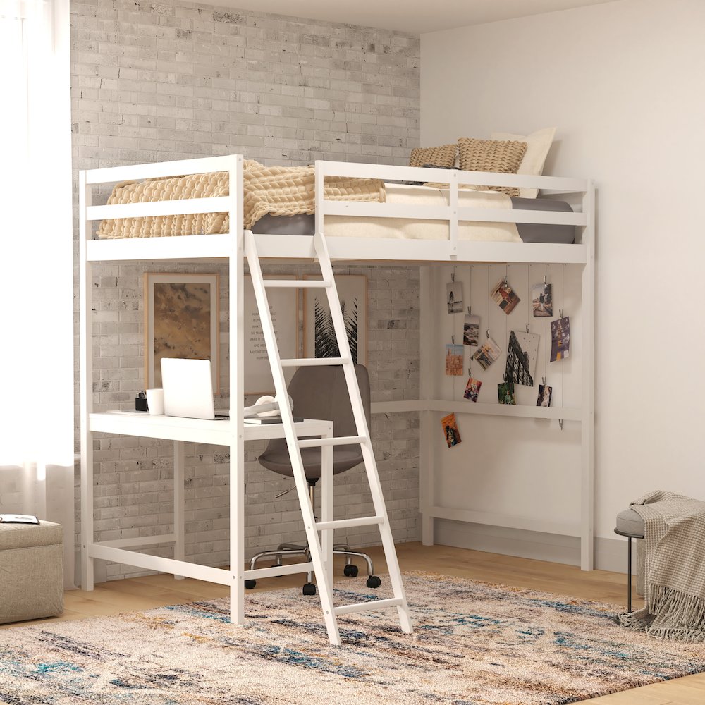 Loft Bed Frame with Desk, Twin Size with Protective Guard Rails - White. Picture 2