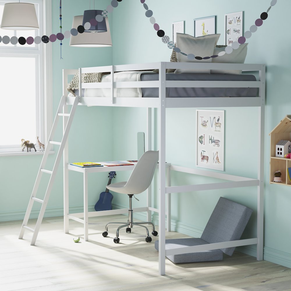 Loft Bed Frame with Desk, Twin Size with Protective Guard Rails - White. Picture 6