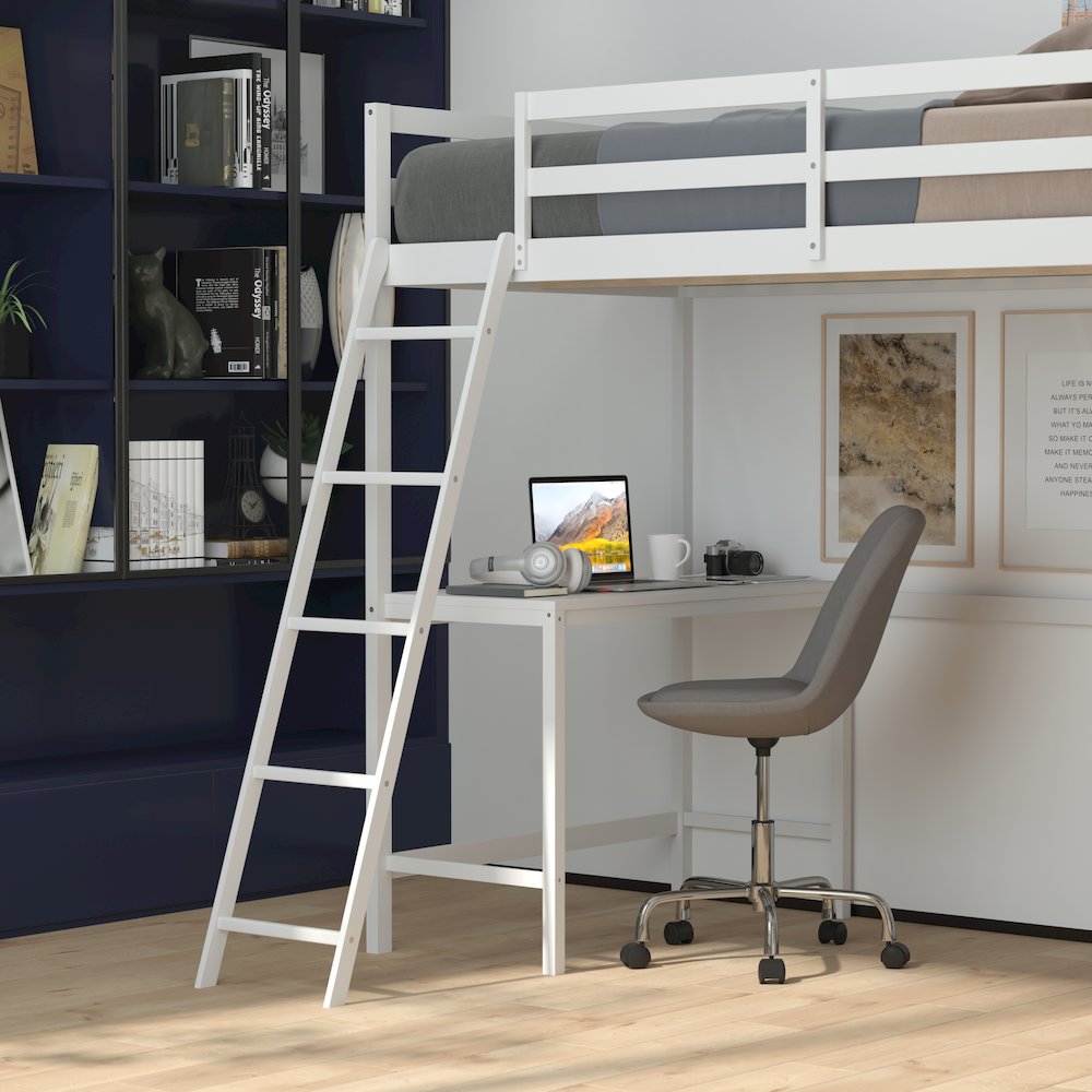 Loft Bed Frame with Desk, Twin Size with Protective Guard Rails - White. Picture 7