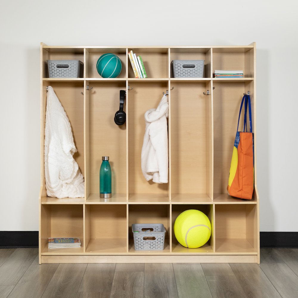 Wooden 5 Section School Coat Locker with Bench, Cubbies. Picture 2