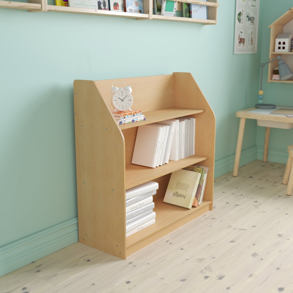 Natural Wooden 3 Shelf Book Display with Safe. Picture 2