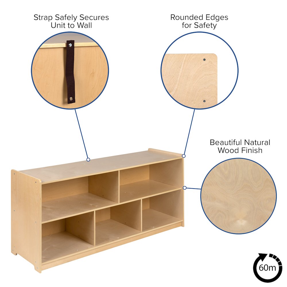 Wooden 5 Section School Classroom Storage Cabinet - 24"H x 48"L (Natural). Picture 6