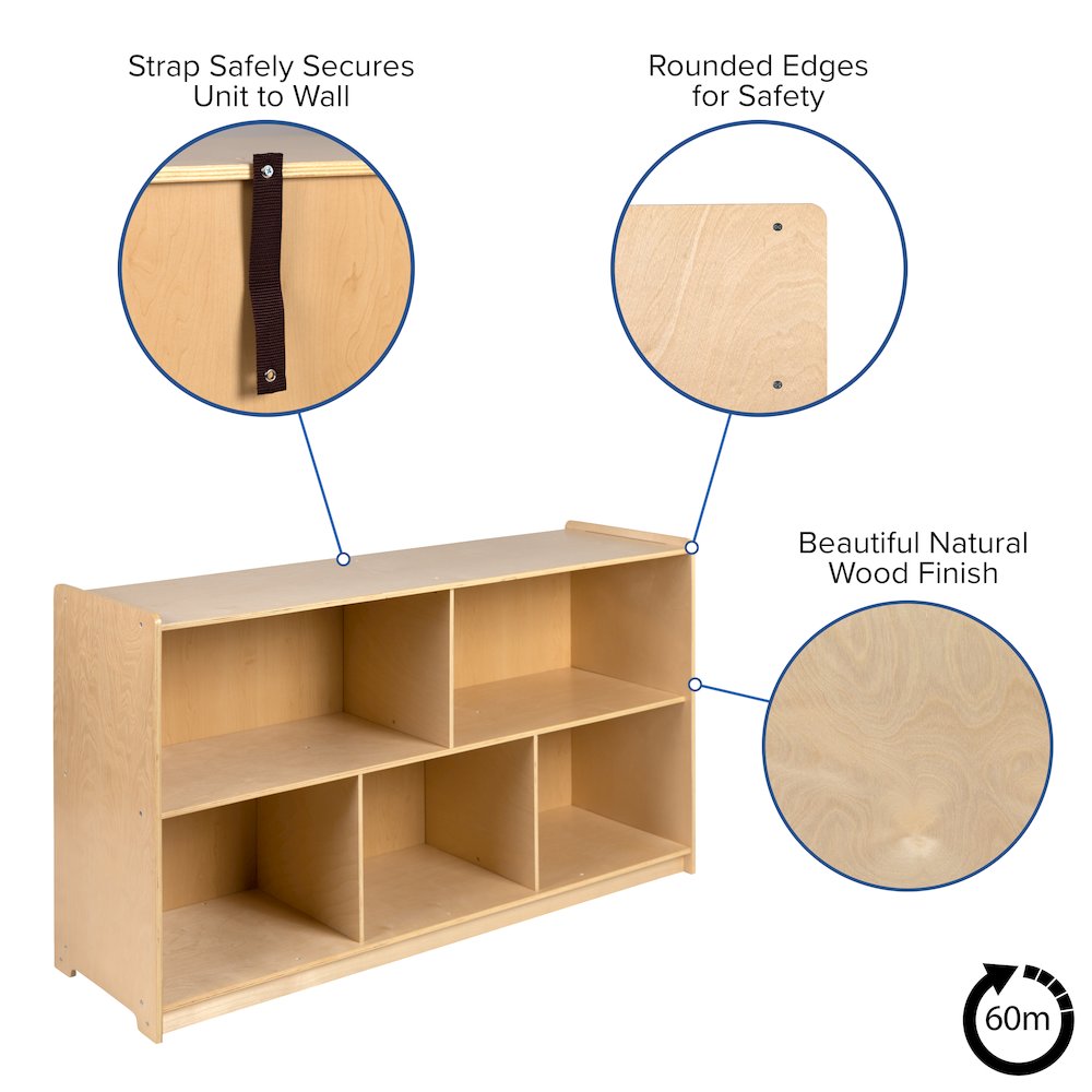 Wooden 5 Section School Classroom Storage Cabinet - 30"H x 48"L (Natural). Picture 6