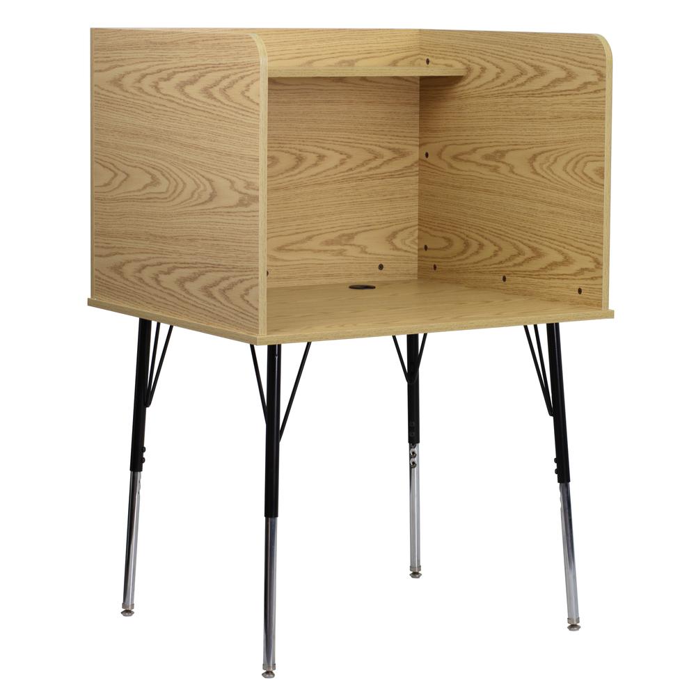 Study Carrel with Adjustable Legs and Top Shelf in Oak Finish. Picture 1