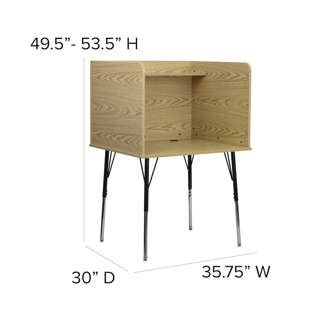 Stand-Alone Study Carrel with Top Shelf - Oak Finish. Picture 6