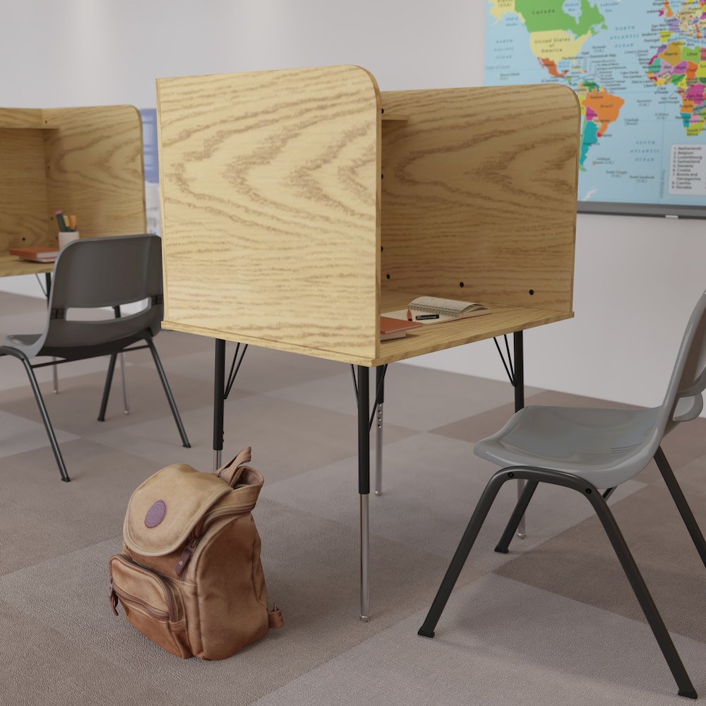 Stand-Alone Study Carrel with Top Shelf - Oak Finish. Picture 2