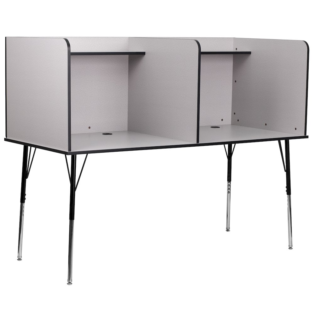 Stand-Alone Double Study Carrel with Top Shelf - Nebula Grey Finish. Picture 1