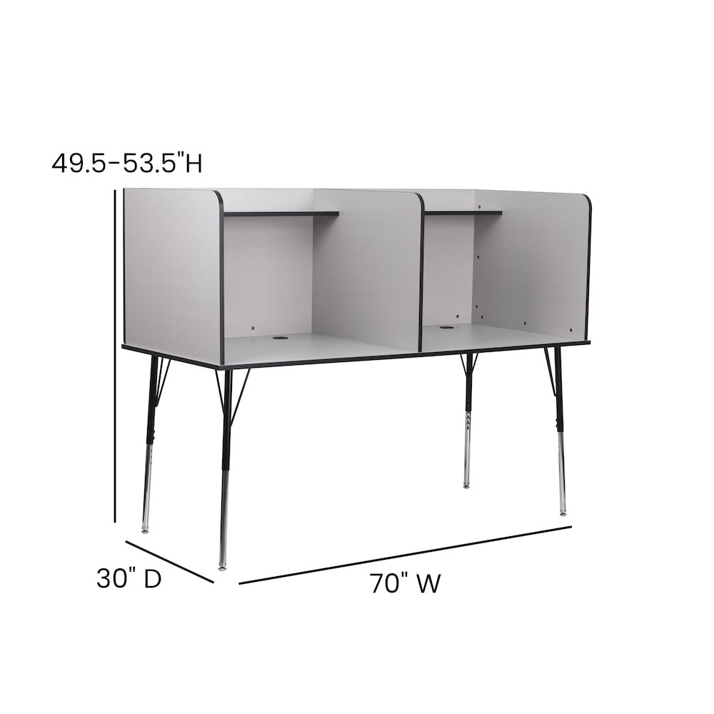 Stand-Alone Double Study Carrel with Top Shelf - Nebula Grey Finish. Picture 5