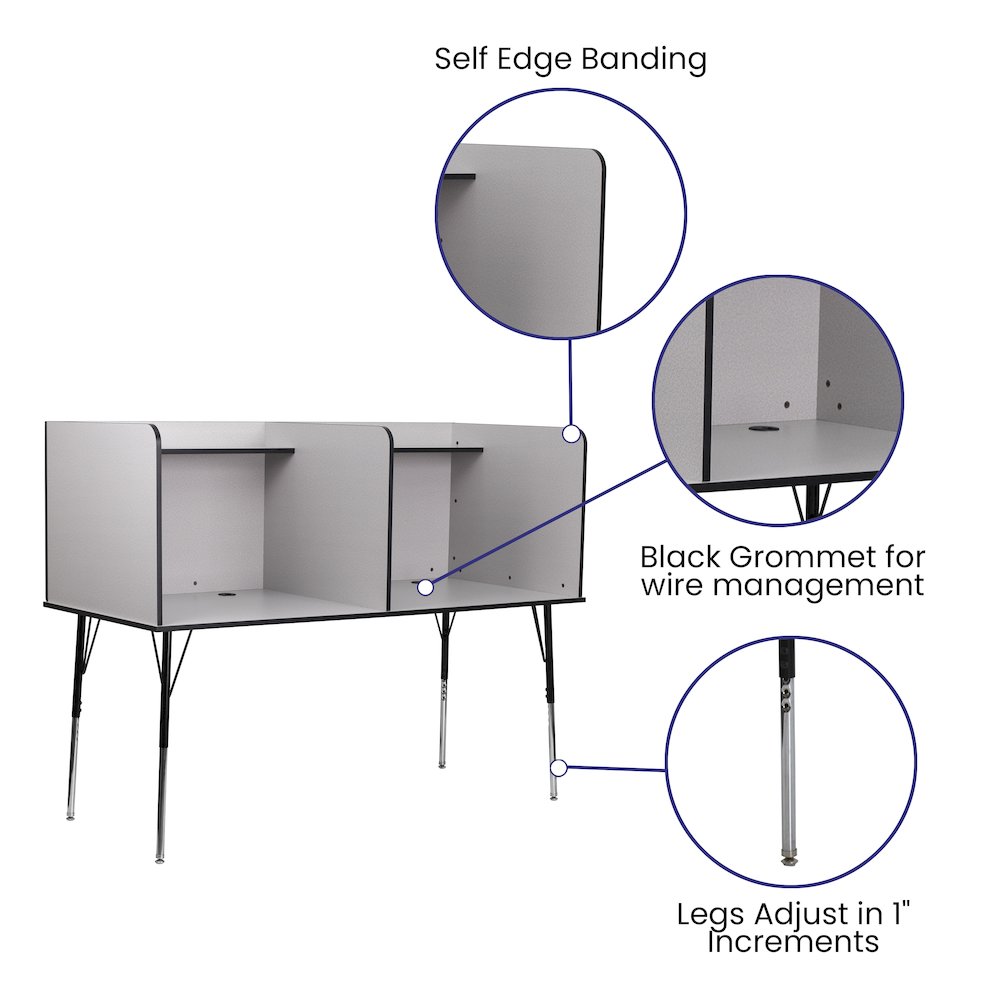 Stand-Alone Double Study Carrel with Top Shelf - Nebula Grey Finish. Picture 4
