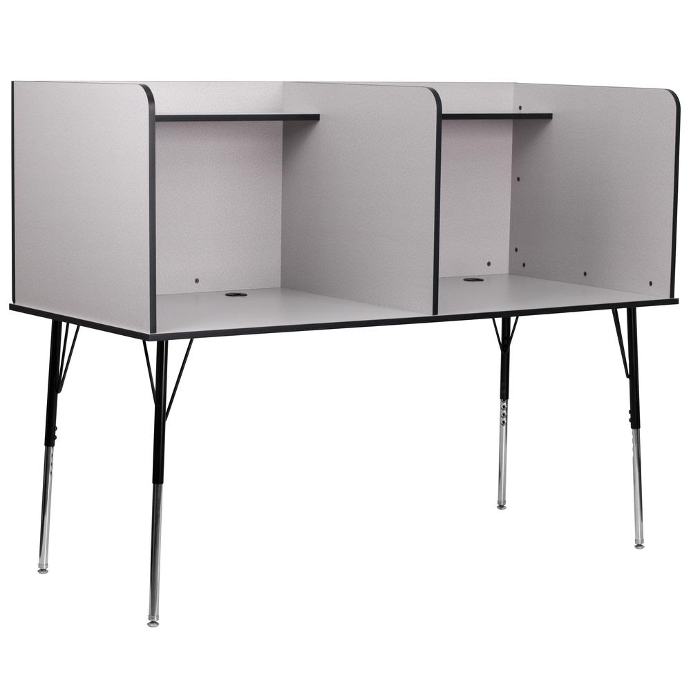 Stand-Alone Double Study Carrel with Top Shelf - Height Adjustable Legs and Wire Management Grommet - Nebula Grey Finish. Picture 1