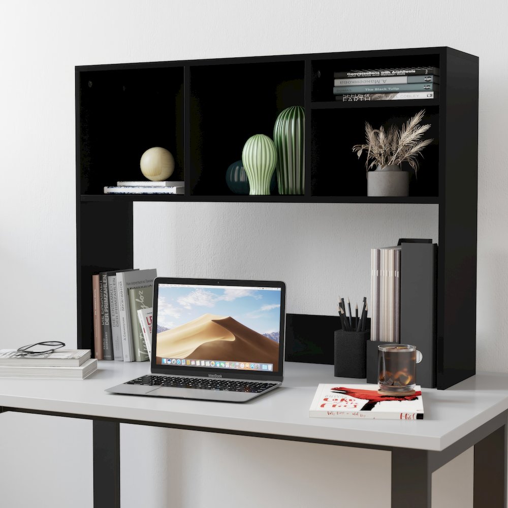 Lotus Desktop Bookshelf Storage Organizer with Multiple Cubbies in Black. Picture 3