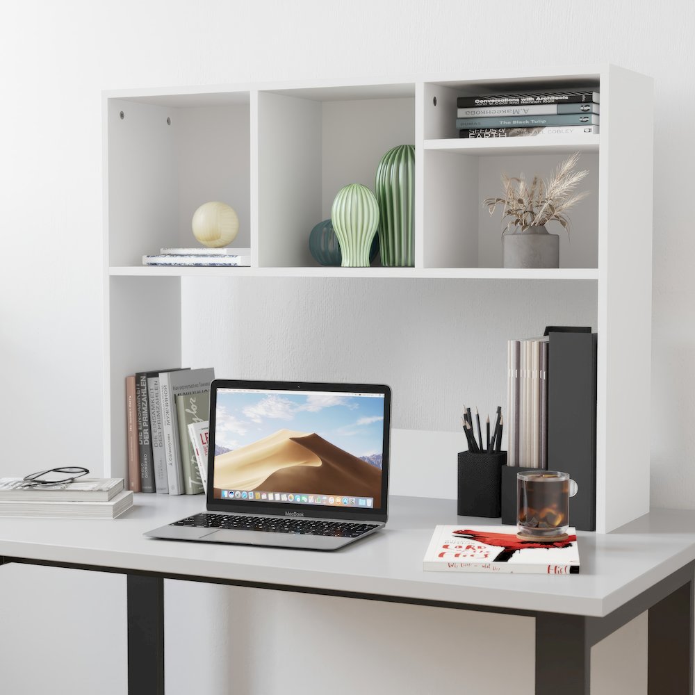 Lotus Desktop Bookshelf Storage Organizer with Multiple Cubbies in White. Picture 3