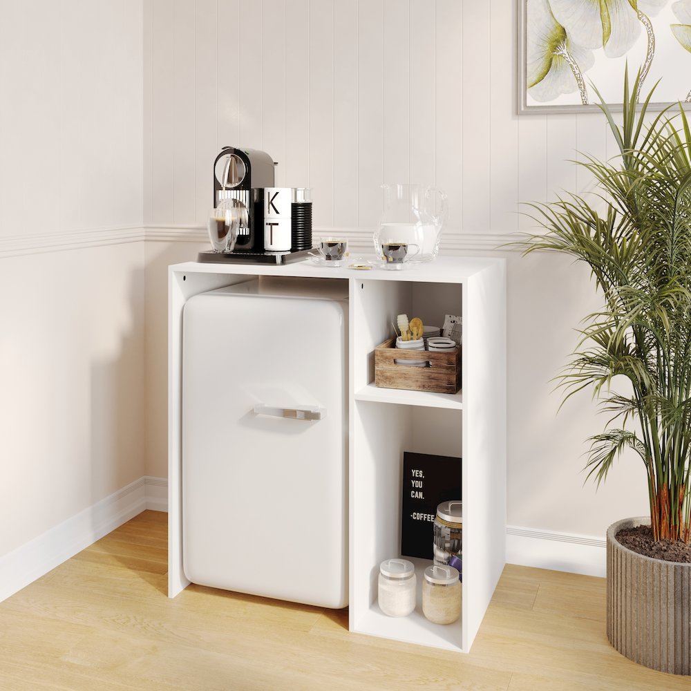 Lotus Mini Fridge Bookshelf Storage Station Organizer with Cubbies in White. Picture 3