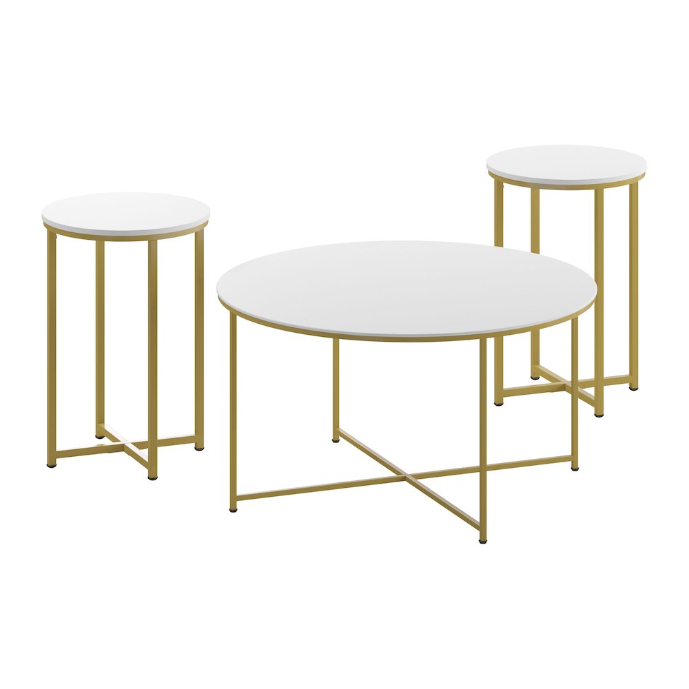 Coffee and End Table Set - White Top with Brushed Gold Crisscross Frame, 3 Piece. Picture 1
