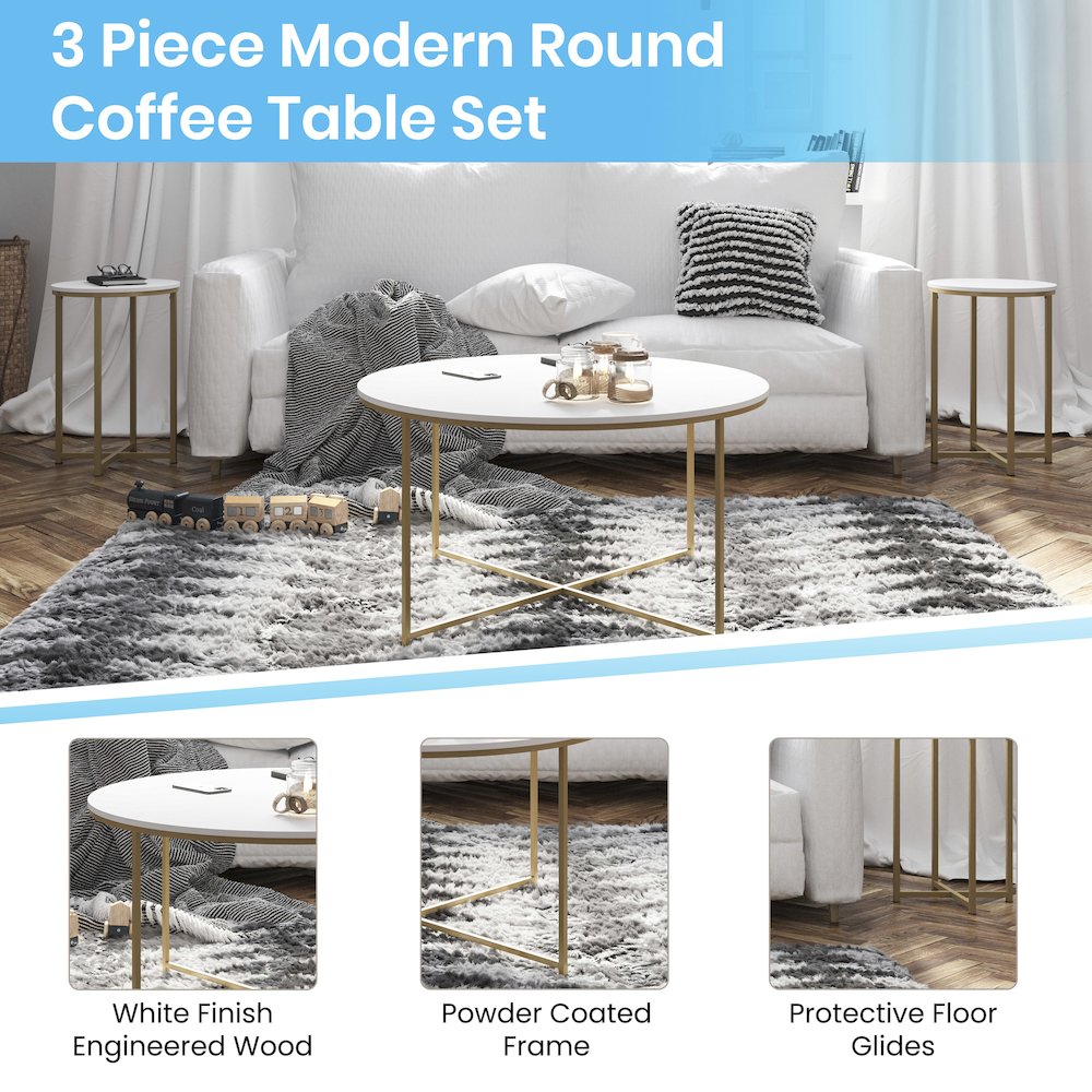 Coffee and End Table Set - White Top with Brushed Gold Crisscross Frame, 3 Piece. Picture 4
