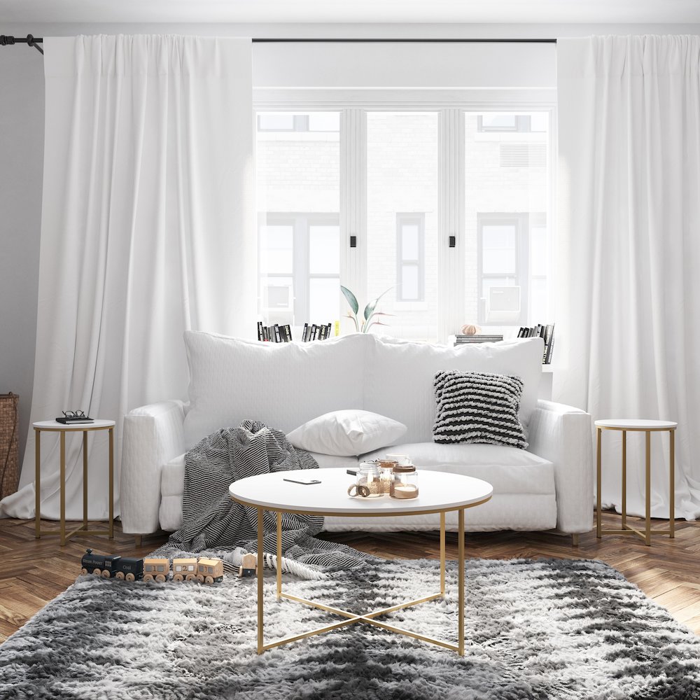 Coffee and End Table Set - White Top with Brushed Gold Crisscross Frame, 3 Piece. Picture 2