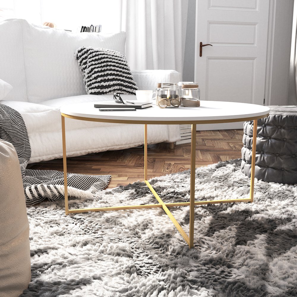 Coffee and End Table Set - White Top with Brushed Gold Crisscross Frame, 3 Piece. Picture 7