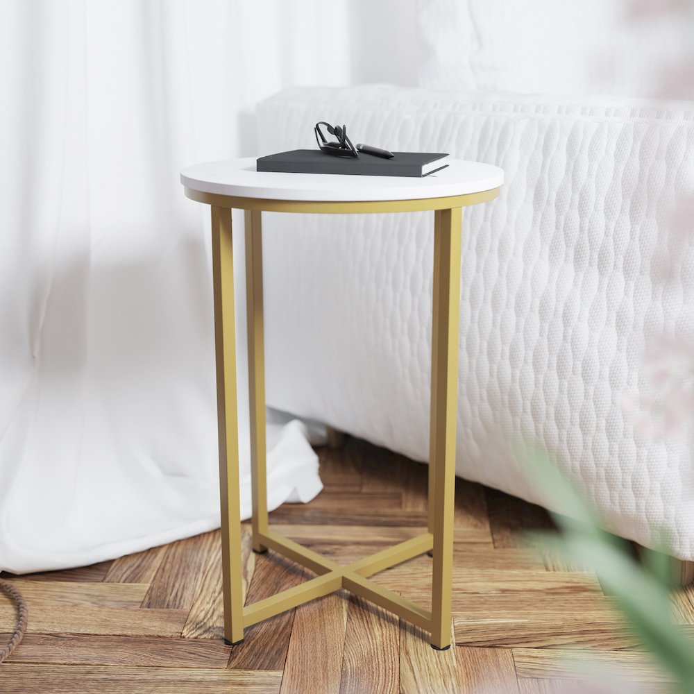 Coffee and End Table Set - White Top with Brushed Gold Crisscross Frame, 3 Piece. Picture 8