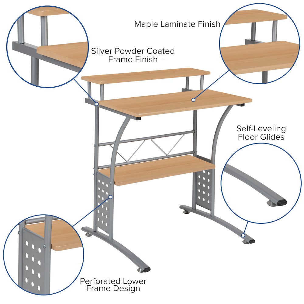 Maple Computer Desk with Top and Lower Storage Shelves. Picture 6