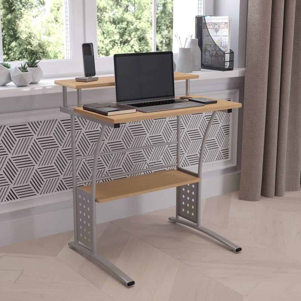 Maple Computer Desk with Top and Lower Storage Shelves. Picture 10
