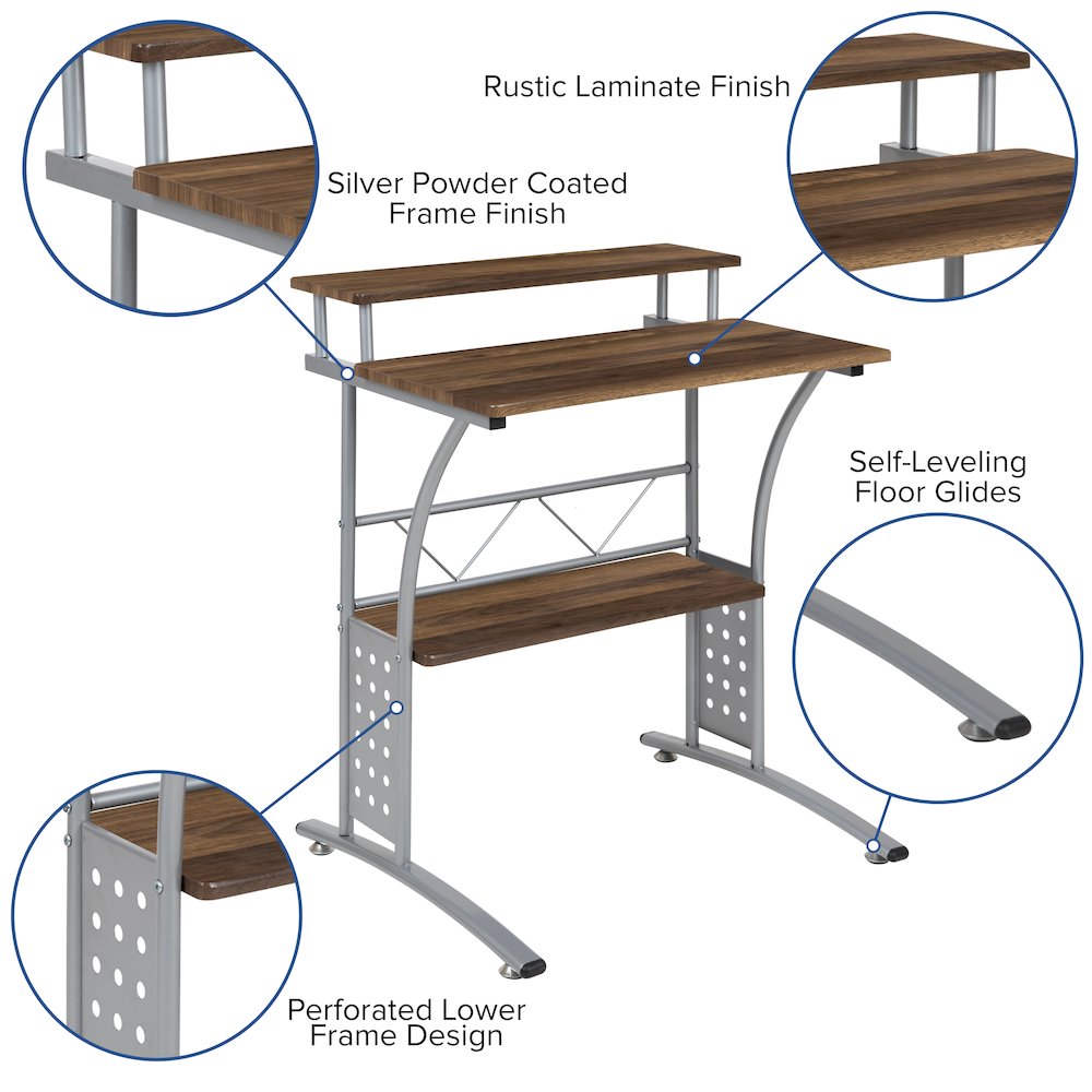 Rustic Walnut Computer Desk with Top and Lower Storage Shelves. Picture 6