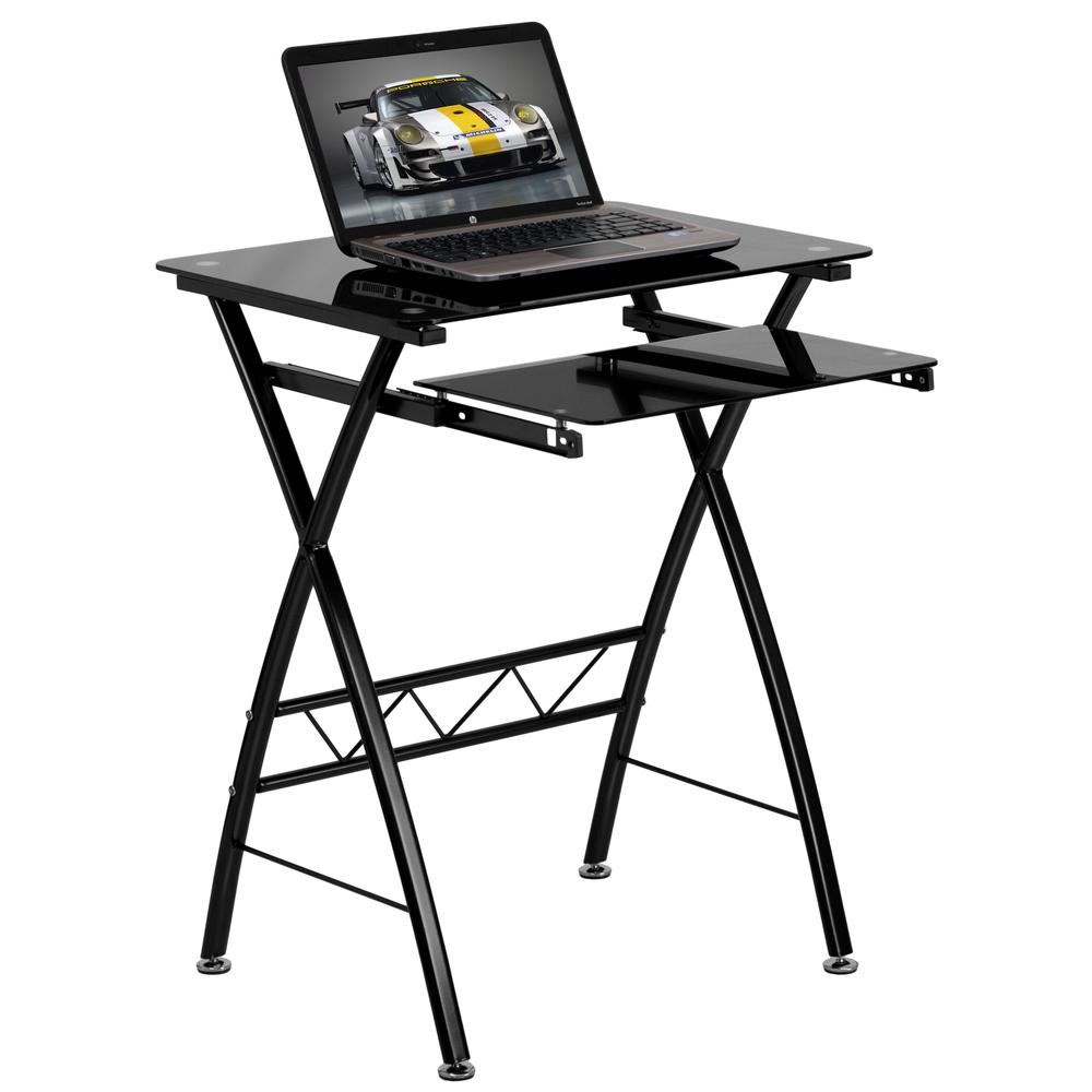 Black Tempered Glass Computer Desk with Pull-Out Keyboard Tray. Picture 1