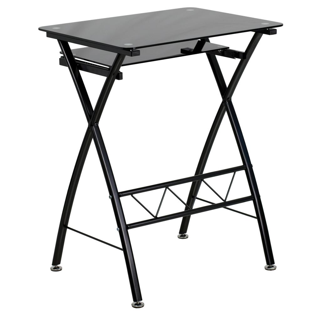 Black Tempered Glass Computer Desk with Pull-Out Keyboard Tray. Picture 2