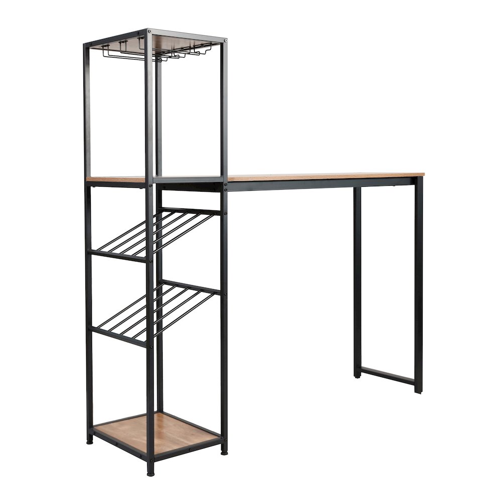 Modern Wine and Bar Table with Shelves, Light Brown Top/Black Frame. Picture 1