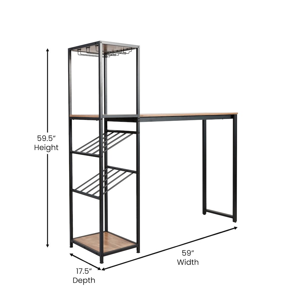 Modern Wine and Bar Table with Shelves, Light Brown Top/Black Frame. Picture 5